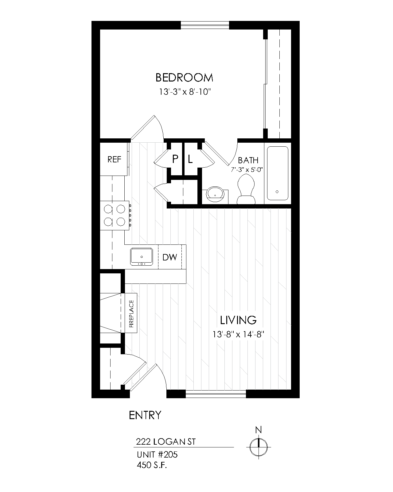 Floor plan for 1 bed, 1 bath, 450 sqft